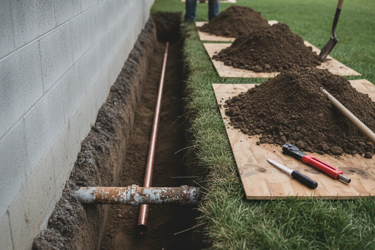 Excavated water line trench during Sewer Line Repair in Brookville